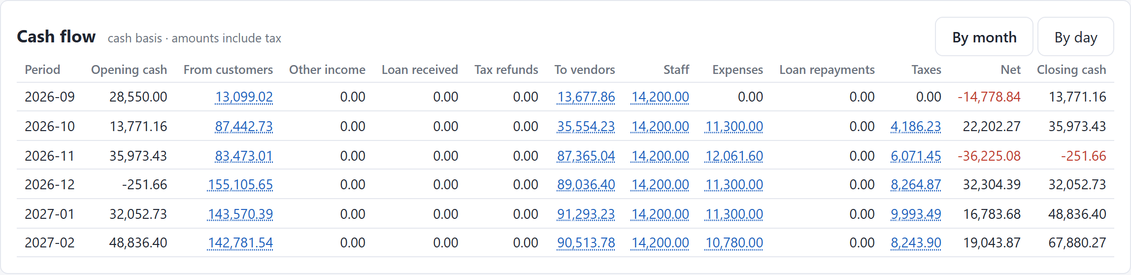 Monthly cash flow table with a Taxes column. The November row shows net minus 36,225.08 and a closing balance of minus 251.66; taxes paid are 4,186.23 in October, 6,071.45 in November and 8,264.87 in December.