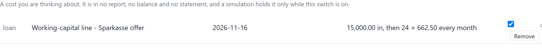 The what-if lane on the simulator page, showing one row: loan, Working-capital line - Sparkasse offer, 2026-11-16, 15,000.00 in, then 24 times 662.50 every month.