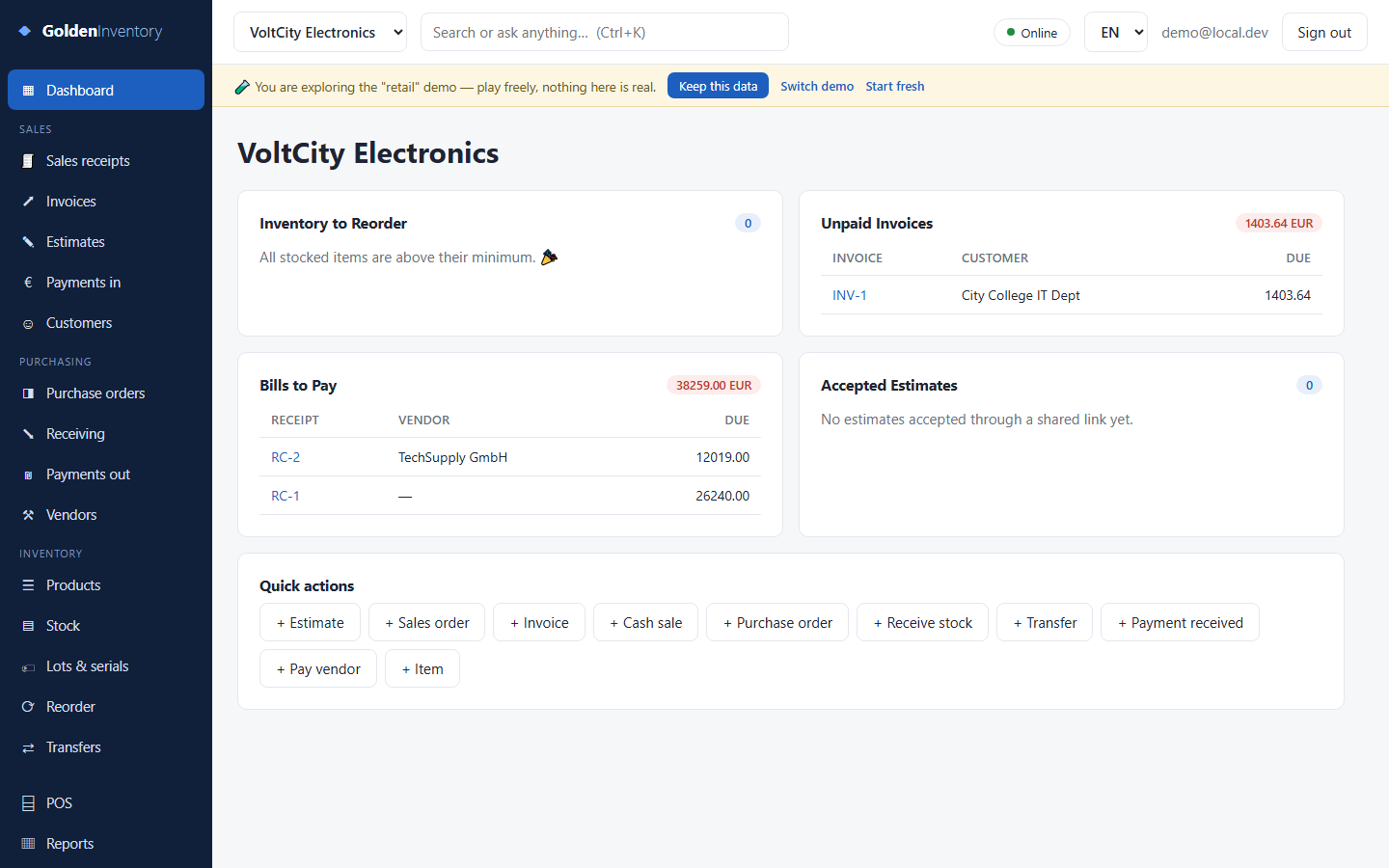 The Golden Inventory retail dashboard — reorder alerts, day summary and the working screens of a shop
