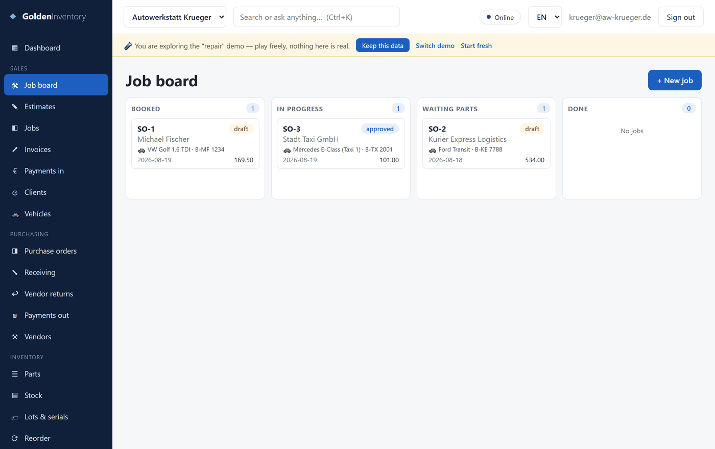 The job board — booked, in progress, waiting parts and done, each card naming the vehicle