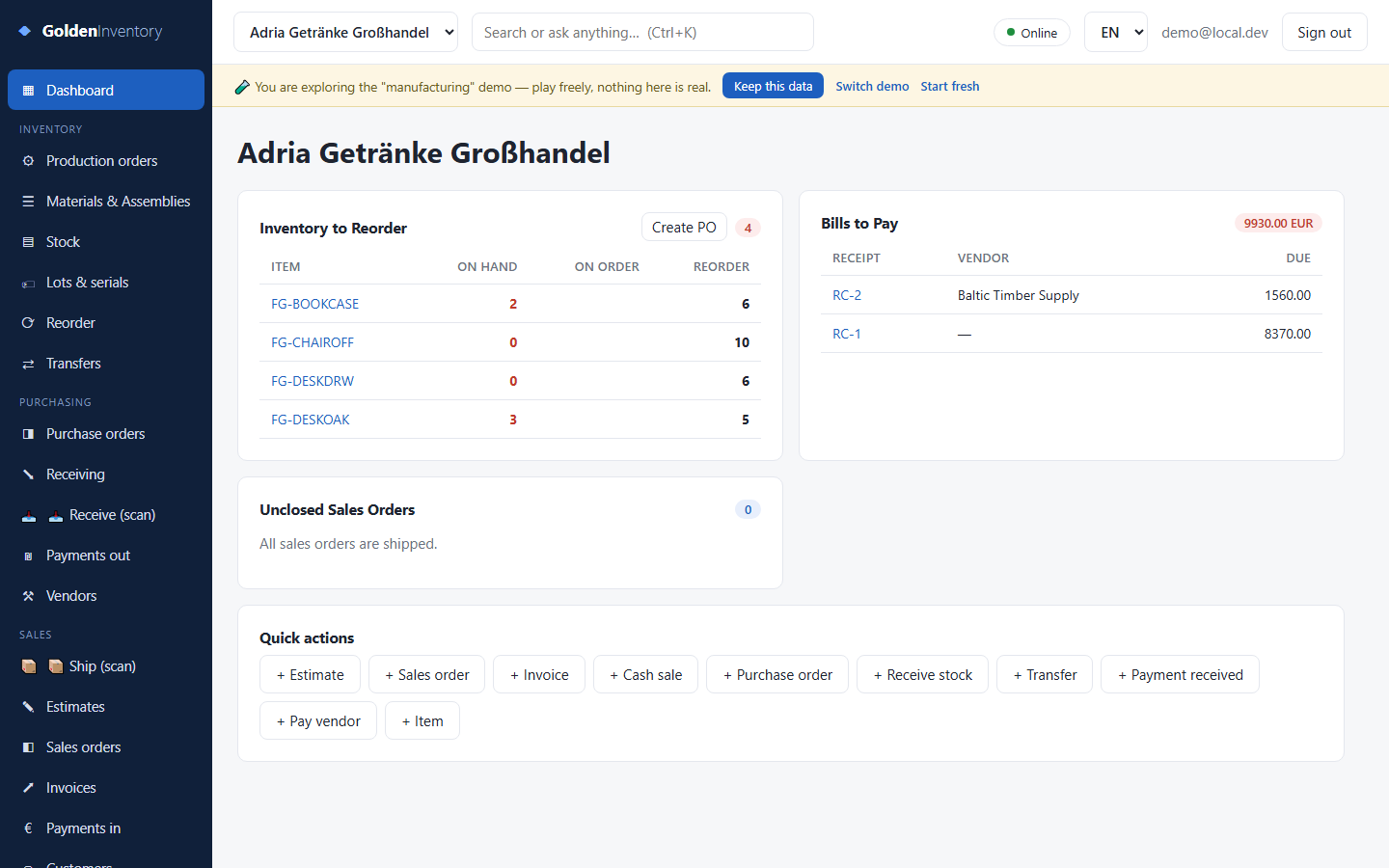 The manufacturing dashboard — work in progress, component shortages, reorder alerts