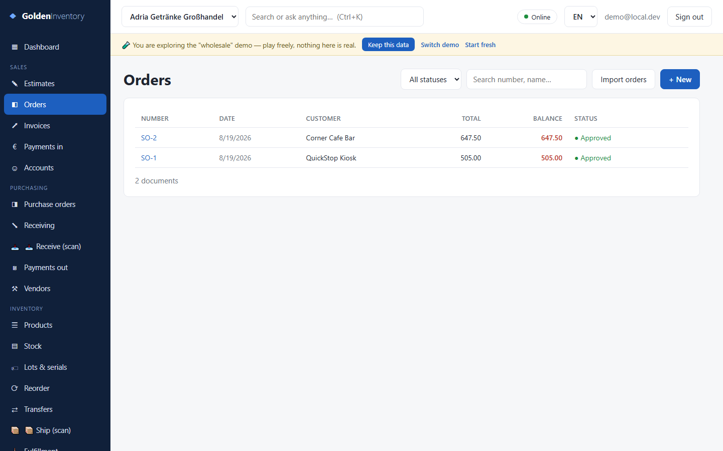 The sales-order list — morning phone orders, price tiers auto-filled per account