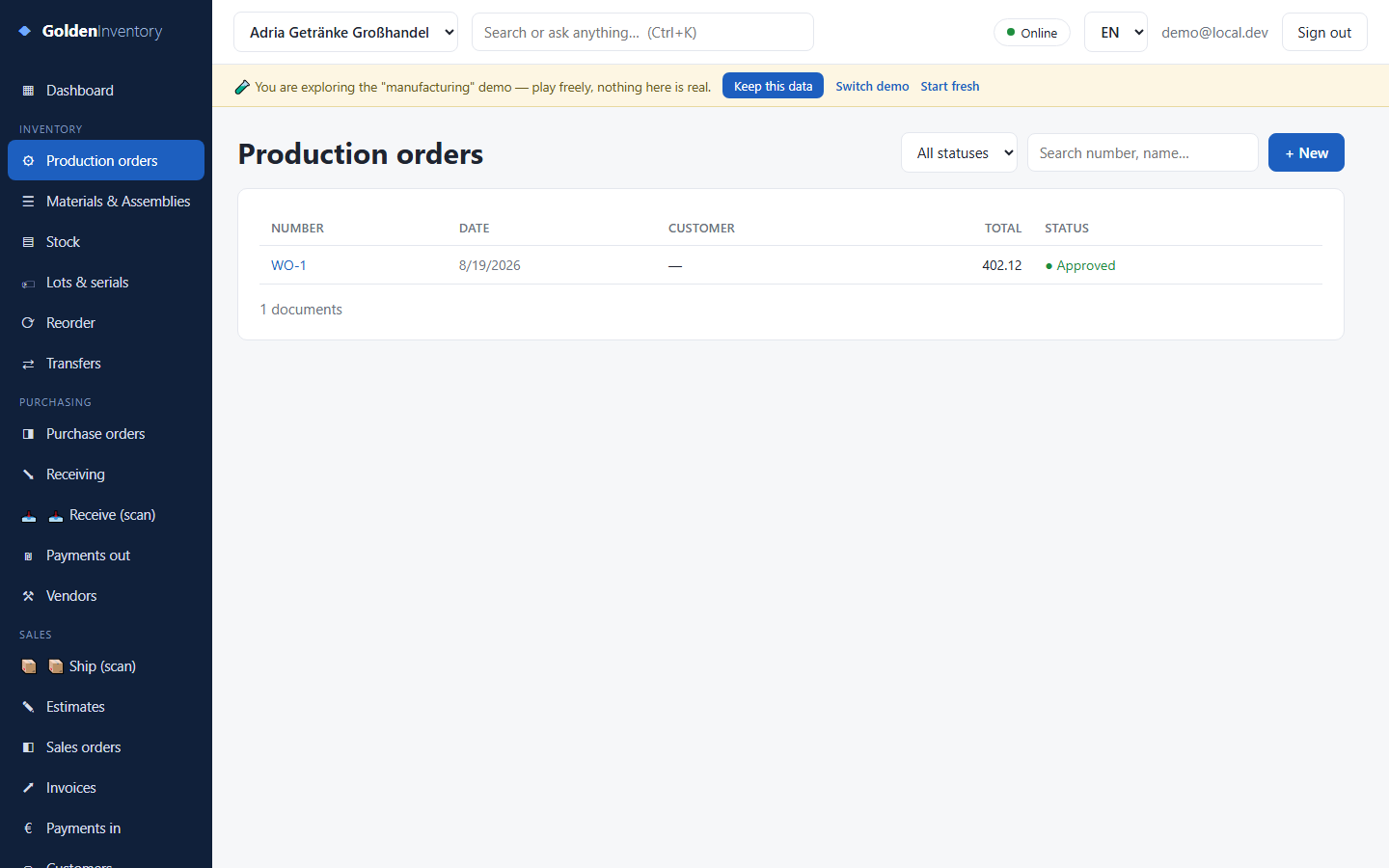 The production-orders list — the workshop's schedule, from work order to approved run